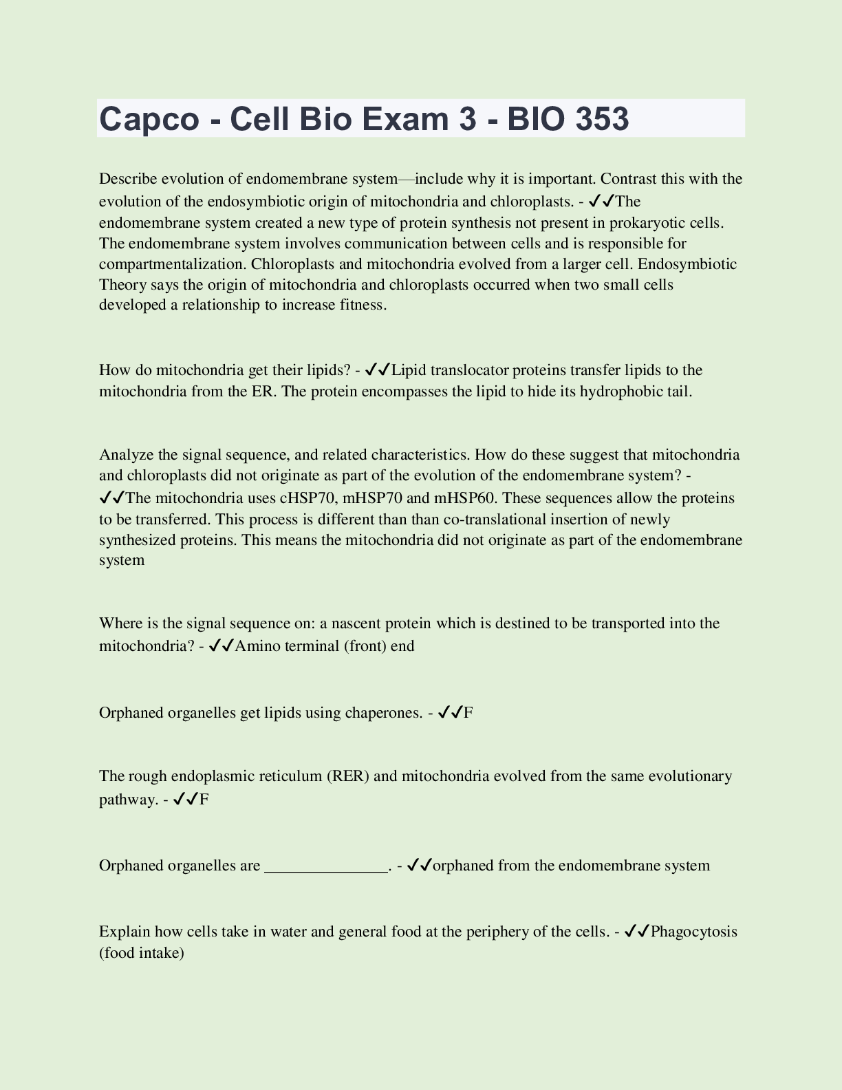 Preview of Capco - Cell Bio Exam 3 - BIO 353 | 65 Questions with 100% Correct Answers | Updated & Ver